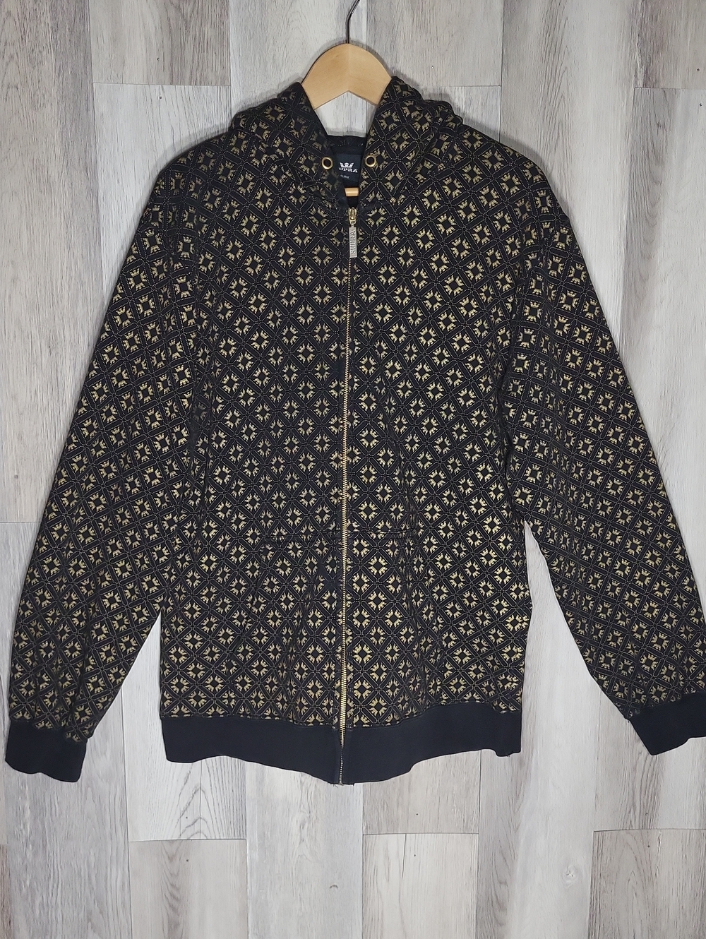 Supra Mens XL Full Zip Hoodie Black Gold Geometric Print Streetwear Skate
